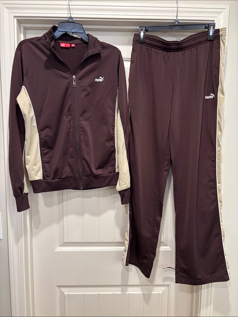 Puma Women's Brown Track Suit Pants with Cream Side Stripes